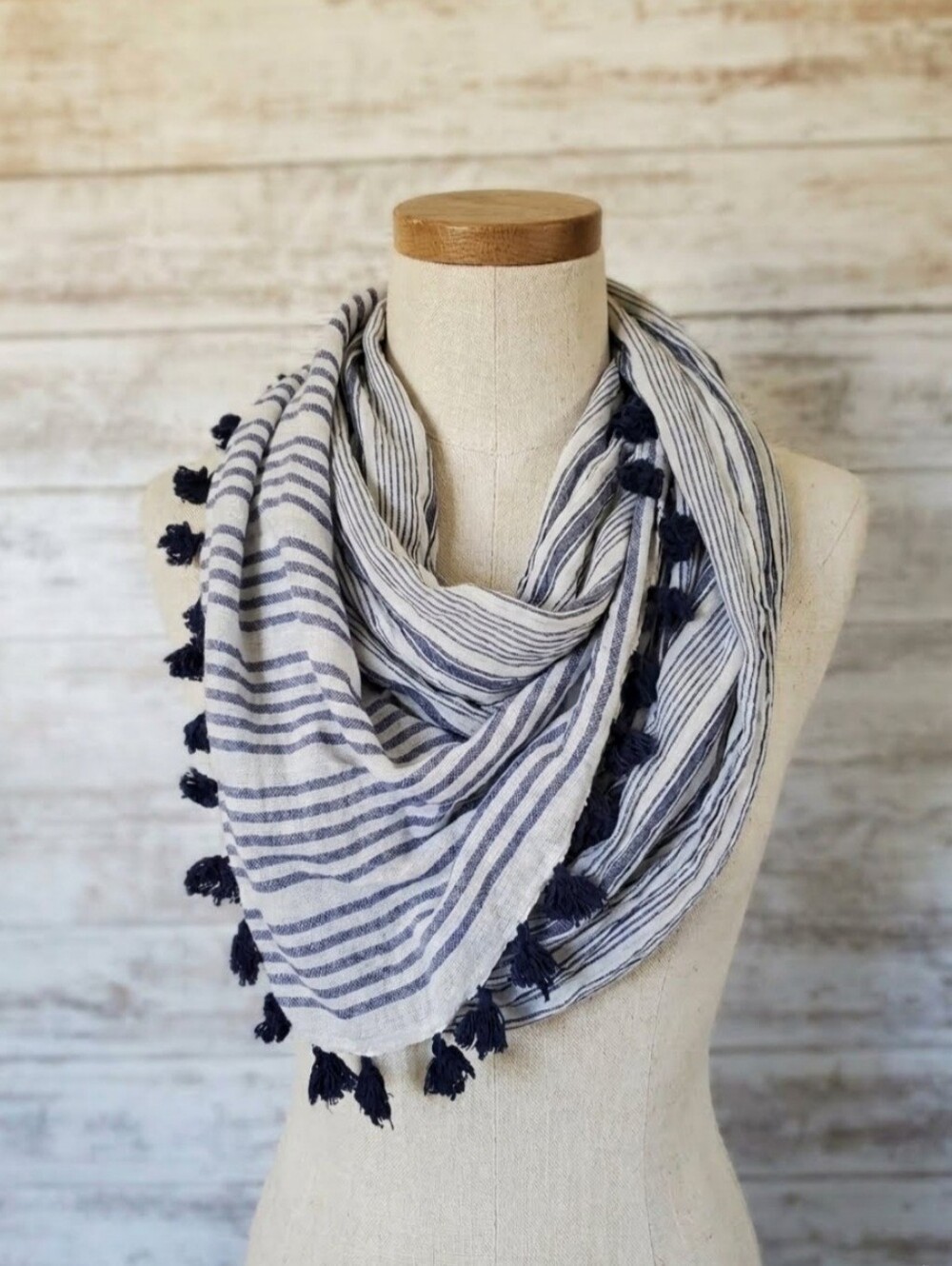 Blue and White Stripe Scarf Set Cotton Long Rectangle & Flouncy Tassel Scarf